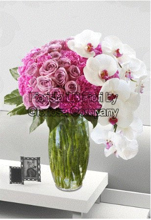Composizione con vaso in vetro Orchidee Rose Luxury